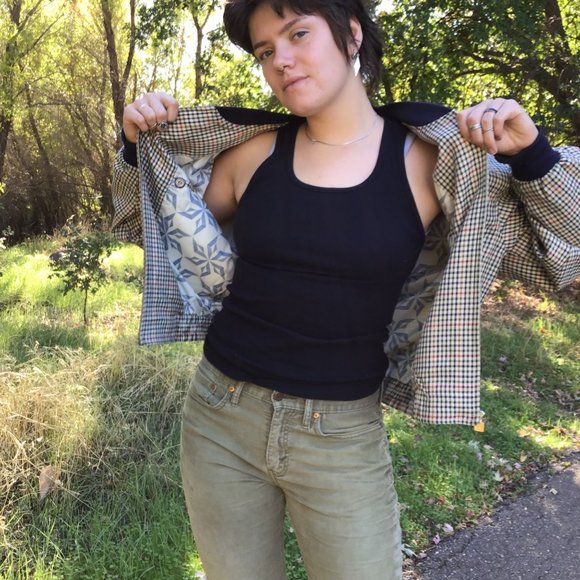 men’s plaid bomber harrington jacket L academia golf retro zippered lined tan - Picture 4 of 13